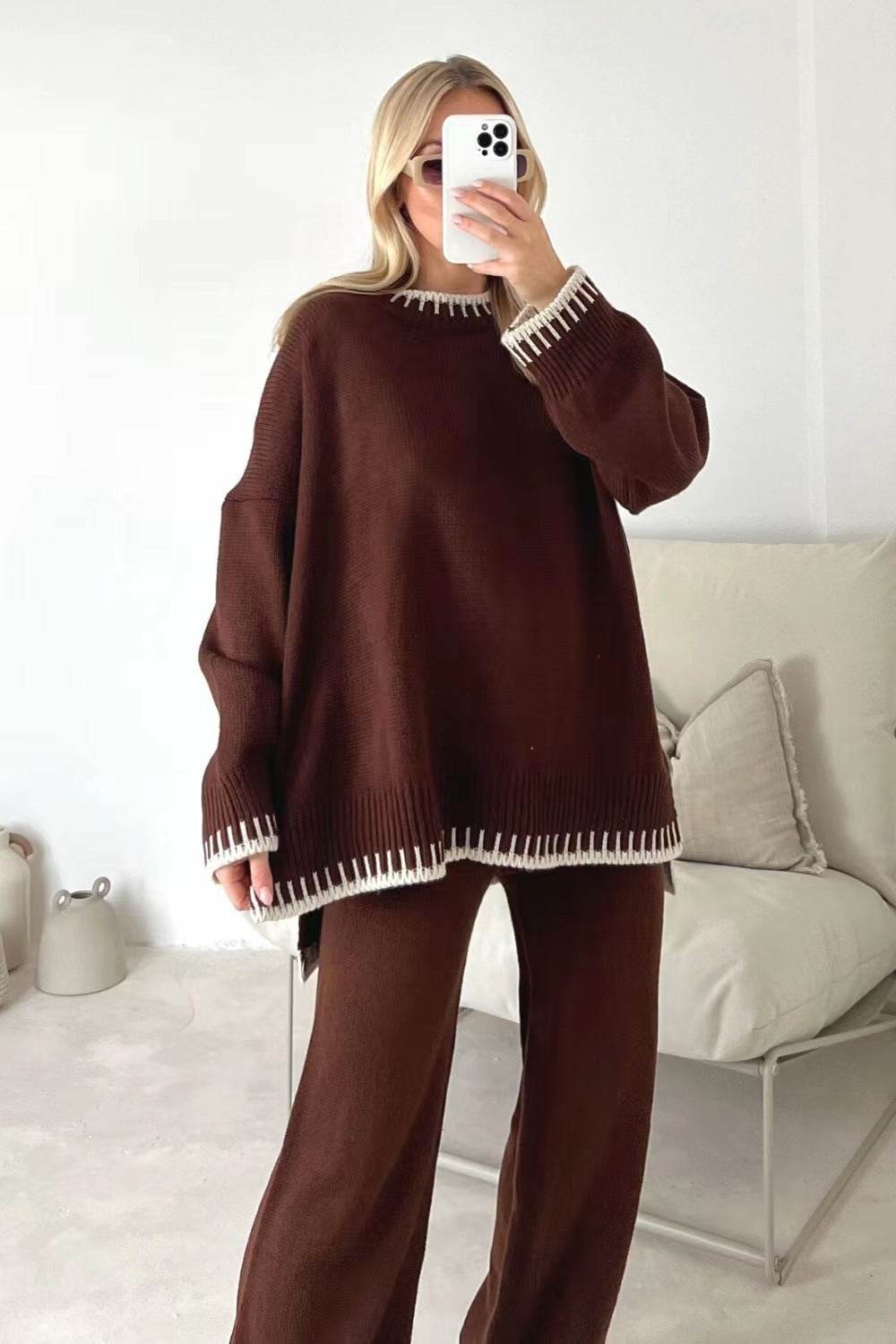 Women's Suit Fashion Pullover Split Long-sleeved Top And Loose Straight Pants Solid Color Two-piece Set - Velora