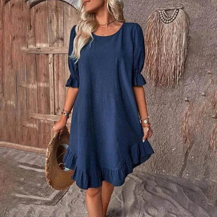 Fashion Ruffle Short-sleeved Dress Summer Solid Color Round Neck Loose Midi Straight Dress for Women. - Velora