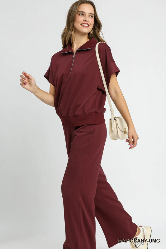 Umgee Full Size Half-Zip Short Sleeve Top Plus Size - Velora