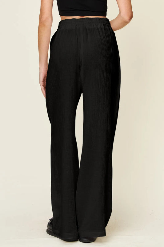 Double Take Full Size Texture Drawstring Wide Leg Pants - Velora