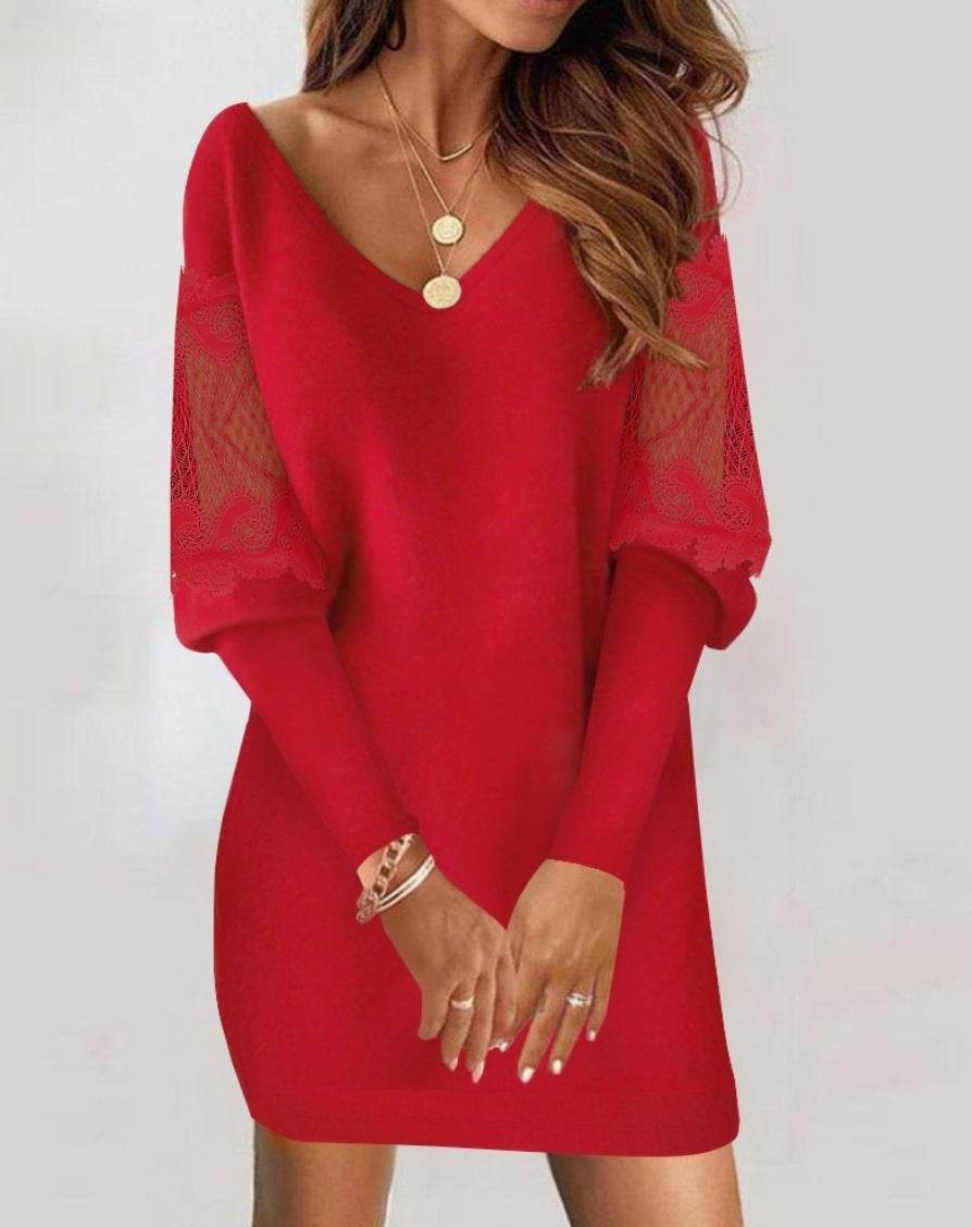 Long-sleeved V-neck Dress Spring And Autumn New Style Lace Splicing Dress For Womens Clothing - Velora