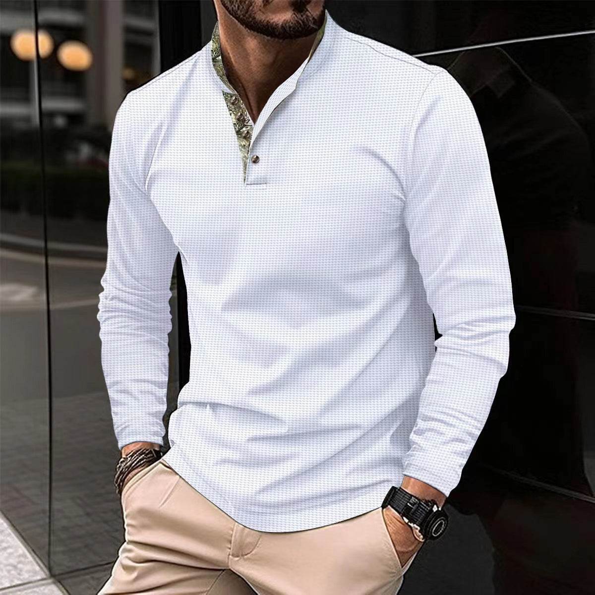 Men's Double Layer Lapel Polo Shirt Fashion Waffle Long-sleeved Tops Clothing - Velora