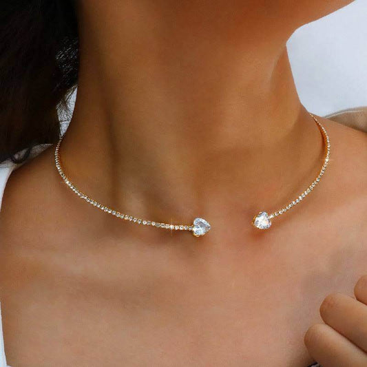 Fashion Jewelry Rhinestone Heart Collar Choker Necklace For Women Silver Color Simple Open Collar Necklace Torques Jewelry Accessories - Velora