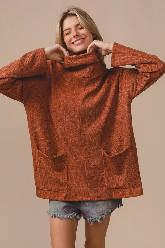 BiBi Piper Rib Double Pocket Turtle Neck Sweater - Velora
