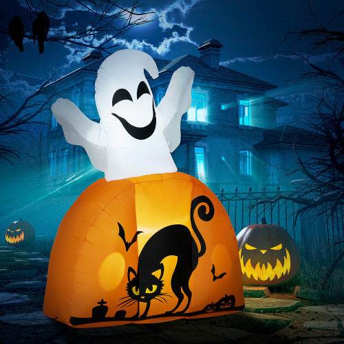 HOMCOM 5ft Halloween Inflatables Outdoor Decorations Ghost With Pumpkin, Outdoor Blow Up Yard Decor With LED Lights For Garden, Lawn, Party, Holiday - Velora