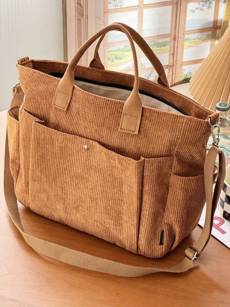 Thick Corduroy Shoulder Bags Simple All-match Commute Totes Student Leisure Artistic Portable Messenger Bag - Velora