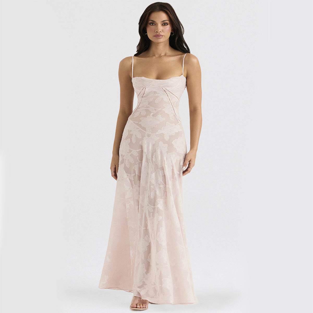 Sexy Flowers Lace Suspender Dress Summer Fashion Slim Back Lace-up Long Dresses Party Evening Club Clothing For Women - Velora