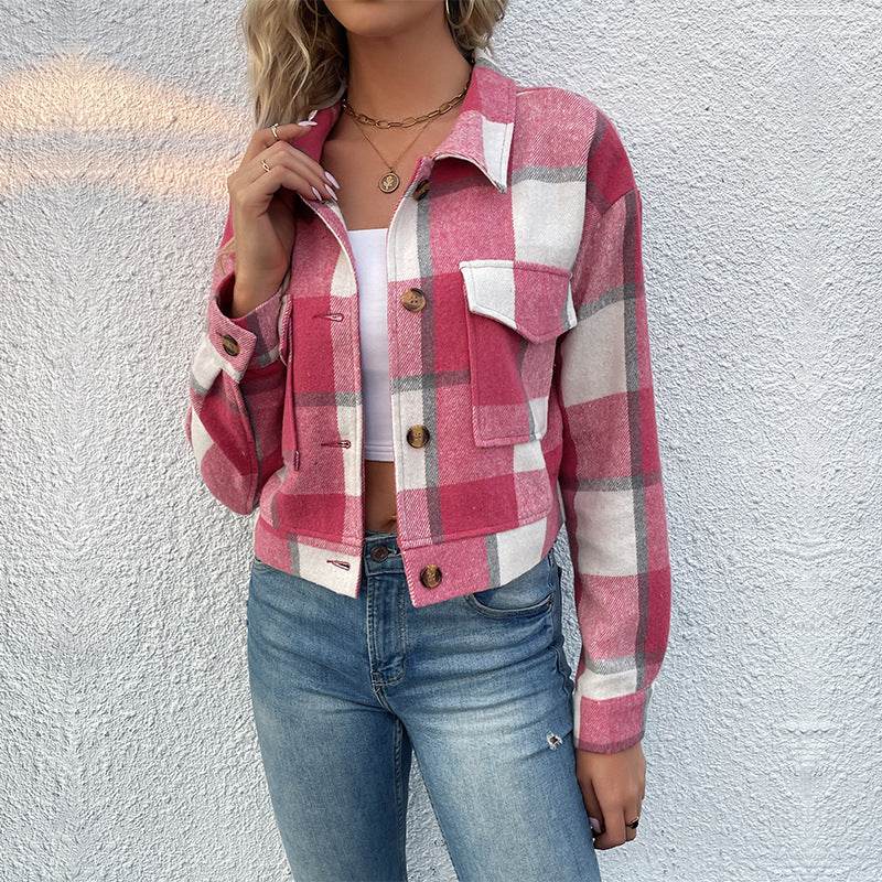 Plaid Lapel Cropped Jacket With Pockets Fashion Button Long Sleeve Short Outwear Tops Coat For Womens Clothing - Velora