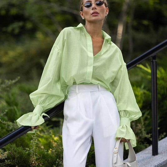 Loose Lapel Lantern Long Sleeves Blouse Shirt For Women - Velora