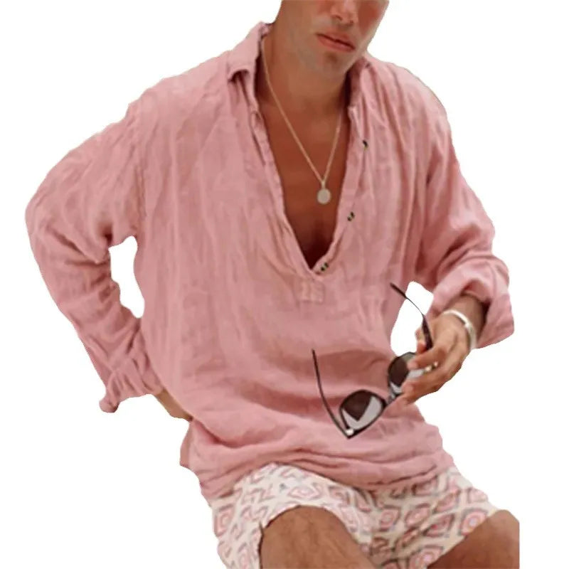 Men's Full Size Casual Linen Long Sleeve Top Plus Size - Velora