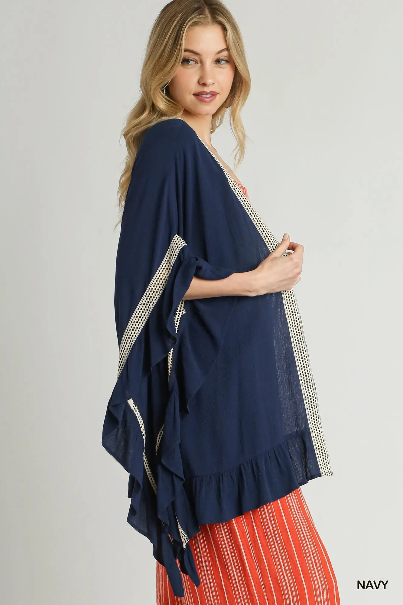 Umgee Ruffle Trim Kimono with Crochet Accent - Velora