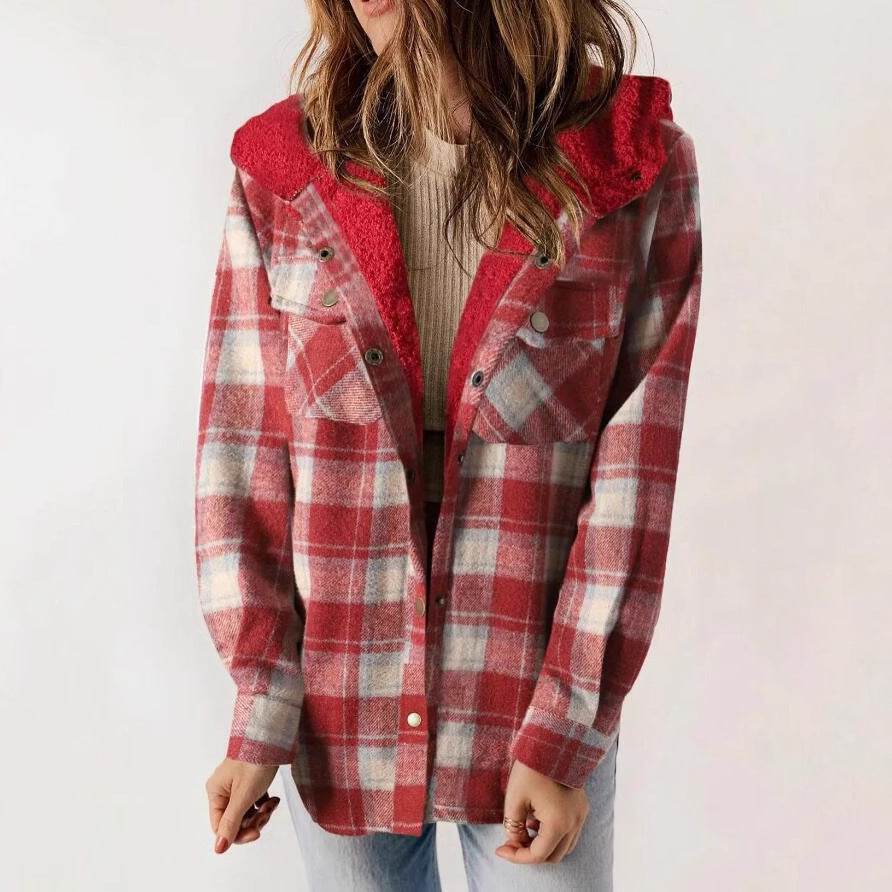 Casual Plaid Hooded Woolen Coat Thickened Fleece-lined Warm Jacket - Velora
