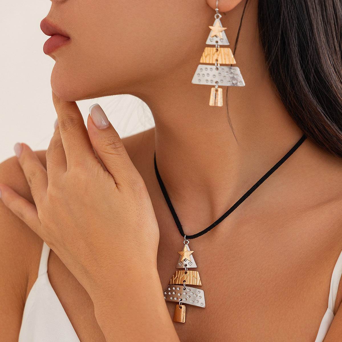 Christmas Tree Necklace And Earrings Fashion Pendant Necklace Suit Xmas Tree Earrings And Necklace New Year Jewelry - Velora