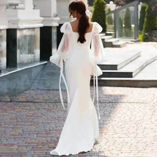 Women's Ruffled Long Sleeve Banquet Temperament High Waist Mop White Wedding Party Fish Tail Styled Dress Mermaid Dress