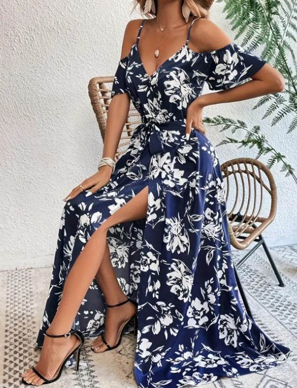 Flower Print Split Suspender Dress With Lace-up Design Summer Fashion Long Dresses Beach Clothing For Women - Velora