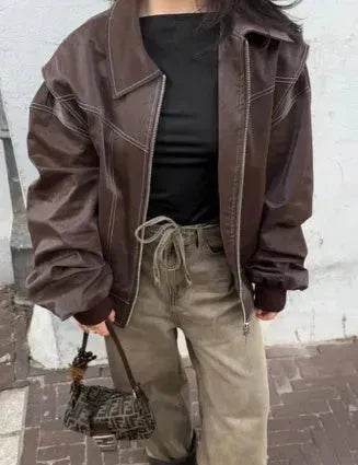 Oversized Fashion Zip-up Lapel Leather Jacket for women