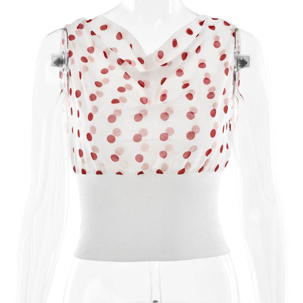 Polka Dots Print Oblique Shoulder Tops Summer Patchwork Chiffon Crop Top Women Sexy Sleeveless Lace Up Backless Blouse Casual Streetwear Tee - Velora