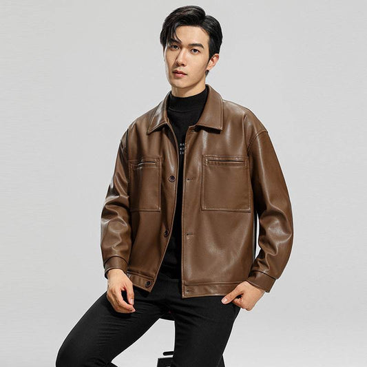 Fashion Youth Motorcycle Leather Coat Lapel Handsome Men's Jacket - Velora