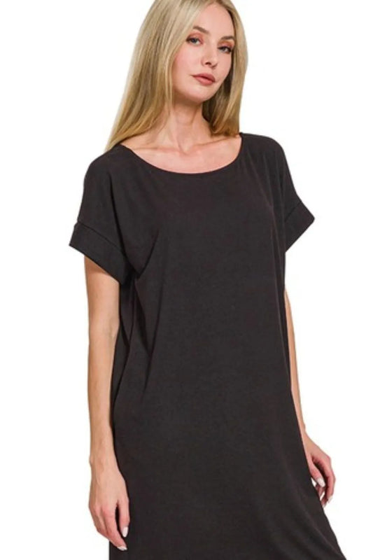 Zenana Rolled Short Sleeve Round Neck Dress - Velora