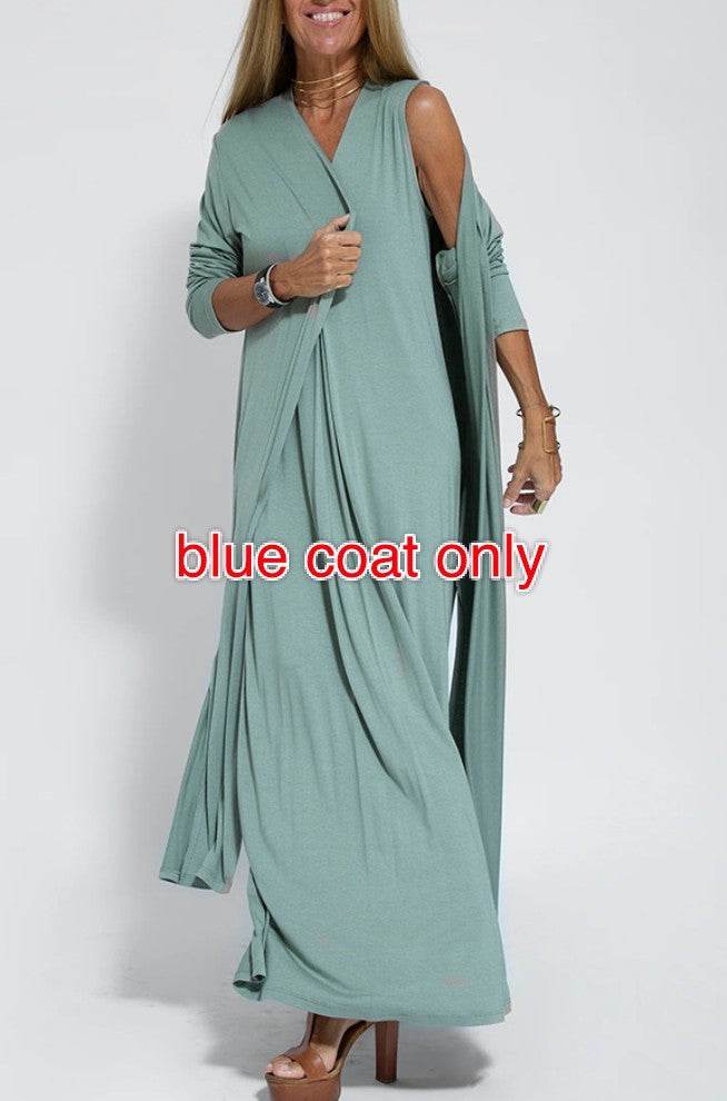 New Solid Color V-neck Sleeveless Dress Long Cardigan Jacket Suit For Women - Velora