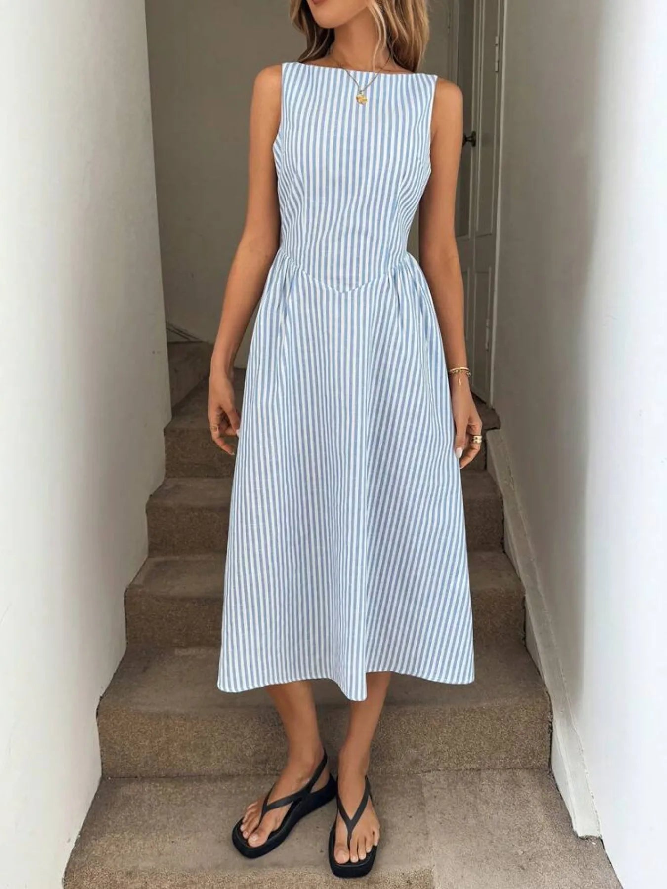 Sleeveless Striped Midi Dress - Velora