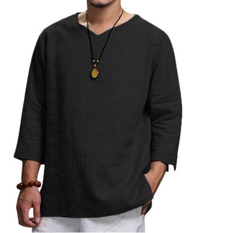 Loose Casual V-neck Top Cotton And Linen Long Sleeve Pullover Shirt Mens Clothing - Velora