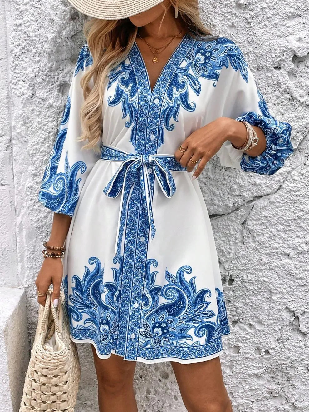 Paisley V-Neck 3/4 Sleeve Mini Dress - Velora