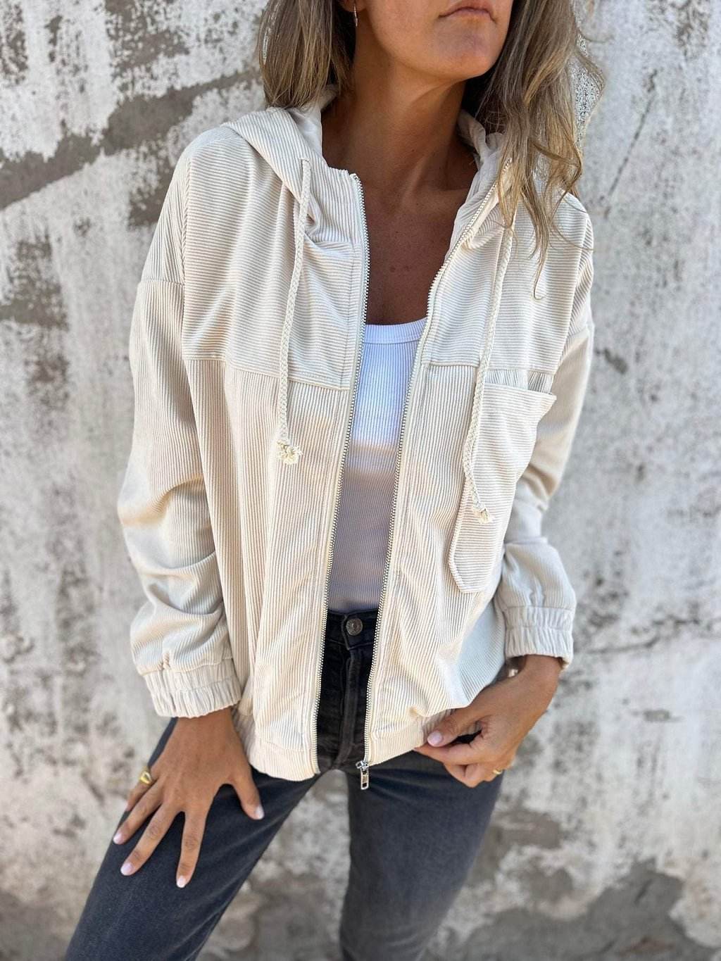 Corduroy Hooded Zip-up Jacket With Pockets Fashion Casual Drawstring Tops Outerwear Women's Clothing - Velora