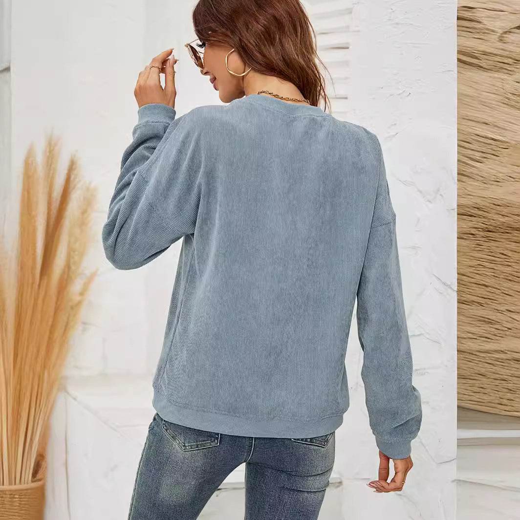 Corduroy Pullover Sweatshirt Casual Fashion Solid Round Neck Long-sleeved Tops Spring And Autumn Clothing For Women - Velora