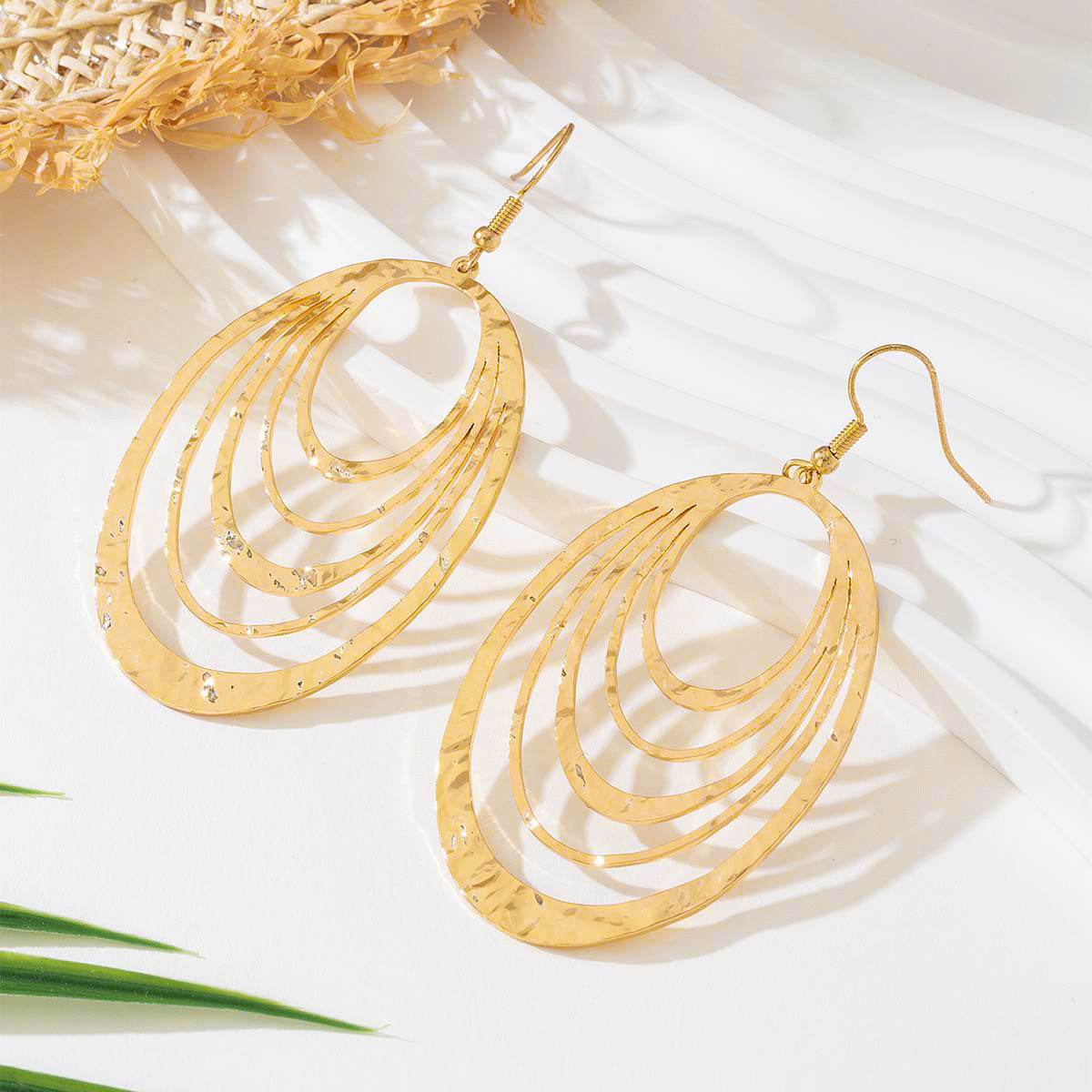 European And American Fashion Elegant 3 Layer Hollow Oval Shaped Big Gold-color Stainless Steel Dangle Drop Earrings - Velora