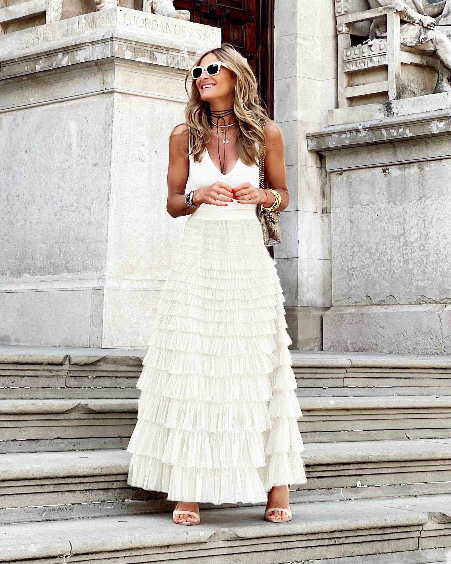 Layered Ruffles Cake Skirt Summer Fashion A Line Swing Mesh Long Skirt Party Dress Women - Velora
