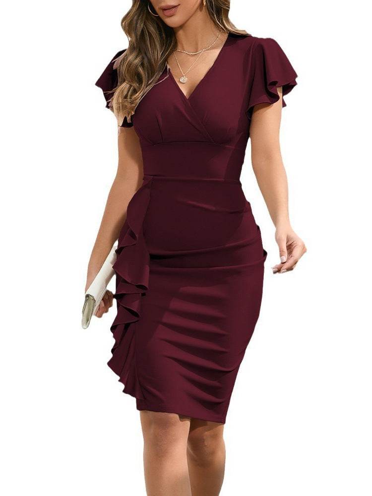 European And American V-neck Pleated Elegant Business Hip-wrapped Dress - Velora
