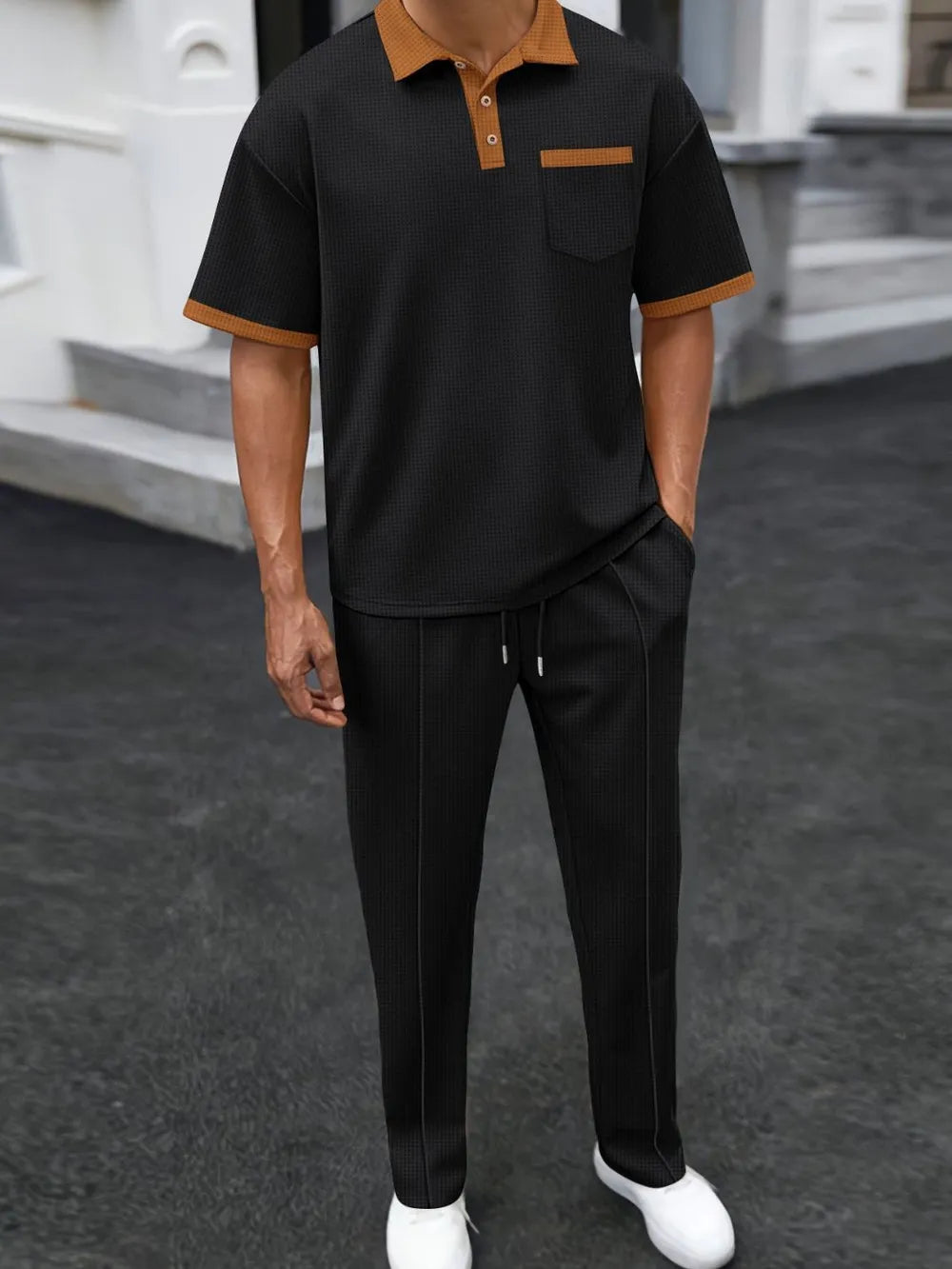 Men's Full Size Waffle-Knit Contrast Polo and Pants Set Plus Size - Velora