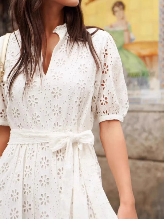 Eyelet Lace Mini Dress with Puff Sleeves - Velora