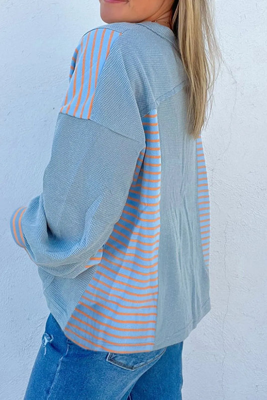 Striped Long Sleeve V-Neck Oversized Sweatshirt - Velora