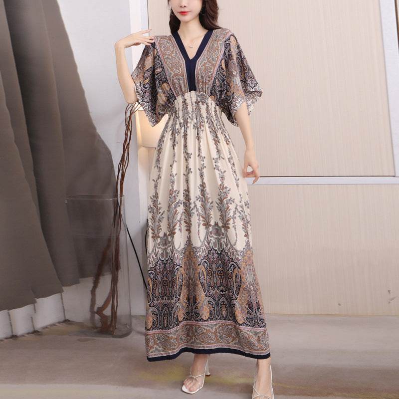 Cotton Silk Floral Dress Women's Summer Ethnic Style V-neck Short Sleeve Pastoral Style Skirt - Velora