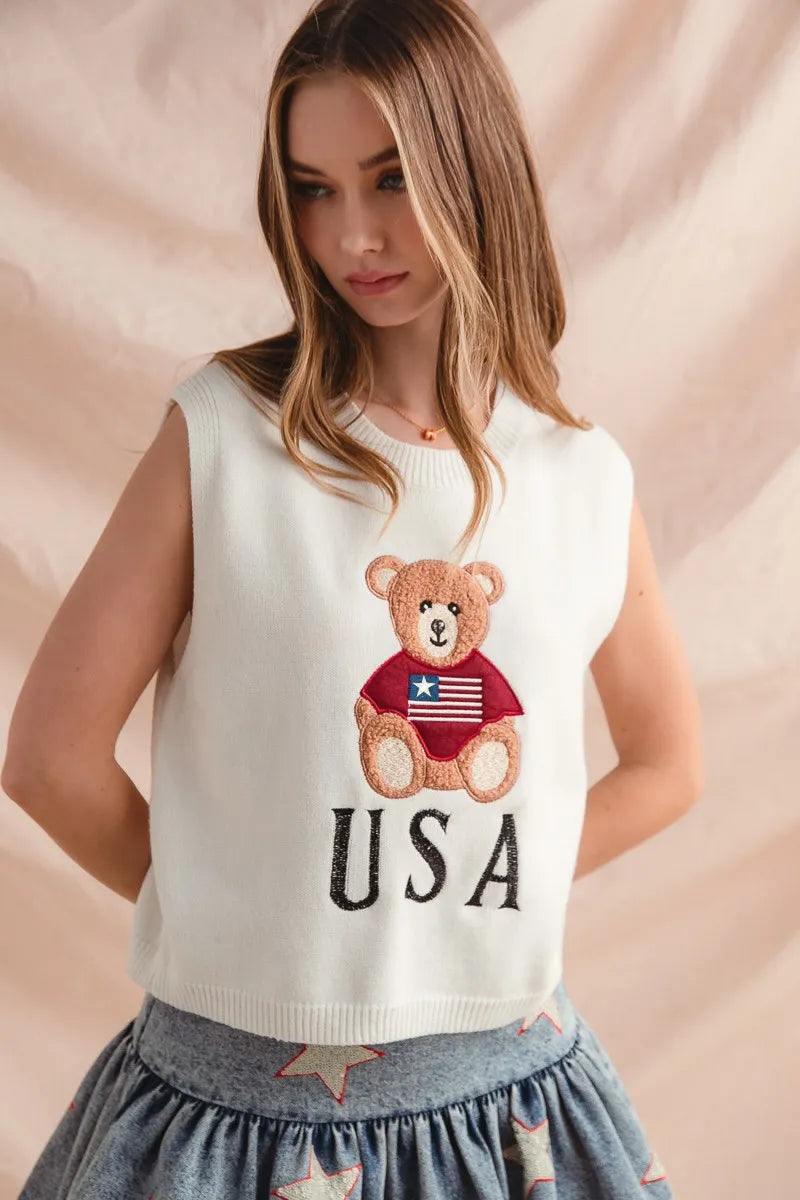 SO ME Teddy Bear Wearing An American Flag With Usa Embroidered Sweater Vest - Velora