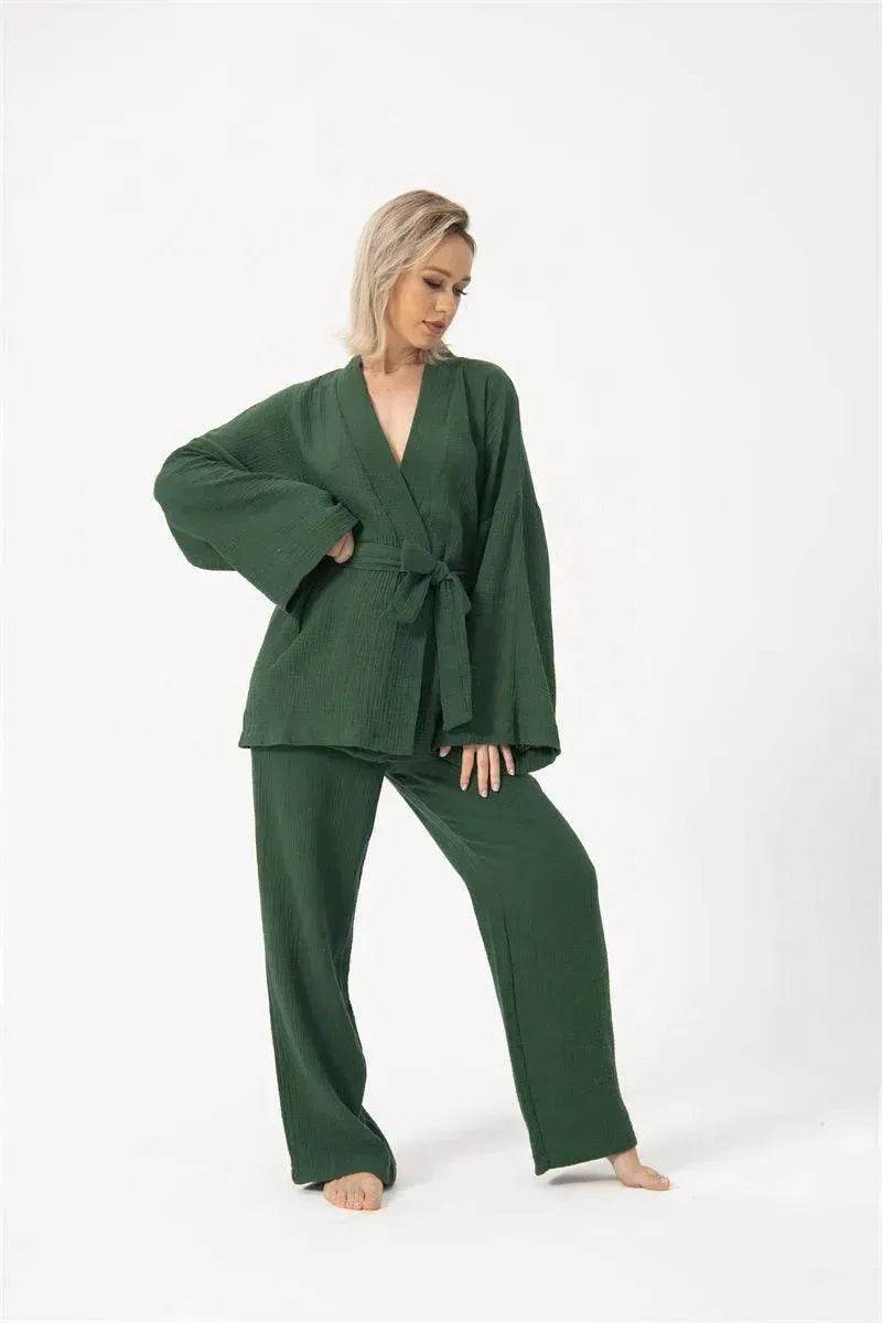 French Loose Kimono Jacket Trousers Double Gauze Ladies Loungewear Outfit set