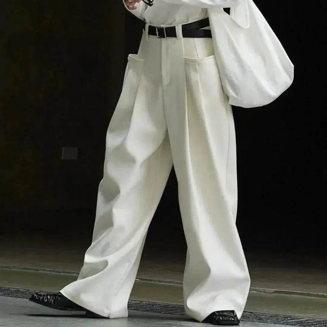 Korean Style Double Pleated Design Loose Casual Trousers Women