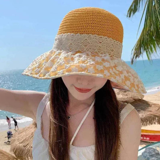 Lace Bow Straw Fisherman Hat Summer Outdoor Sunhat With Large Brim Anti-UV Sunshade And Face Protection Hat - Velora