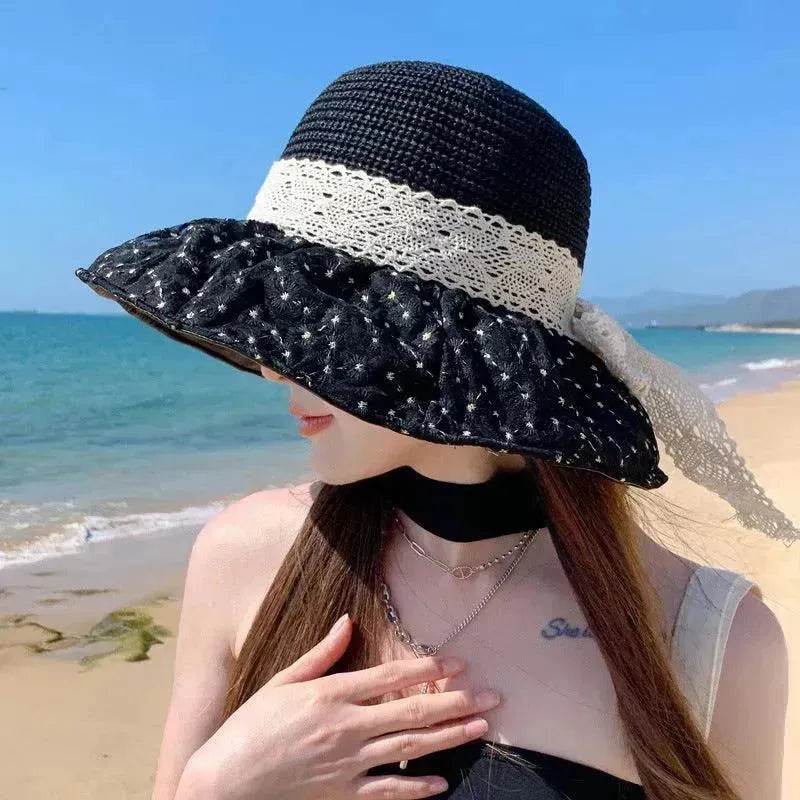 Lace Bow Straw Fisherman Hat Summer Outdoor Sunhat With Large Brim Anti-UV Sunshade And Face Protection Hat - Velora