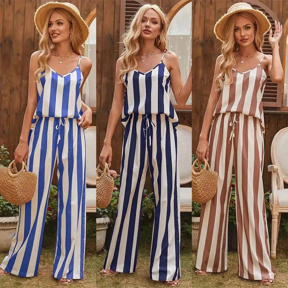 Loose Homewear Striped Small Sling Trousers Woven Suit Women - Velora