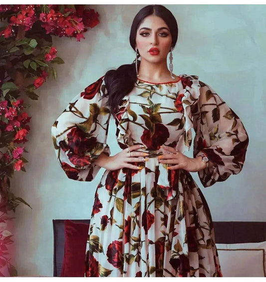 Middle Eastern Turkey Ruffled Rose Printed Bohemian Dress - Velora
