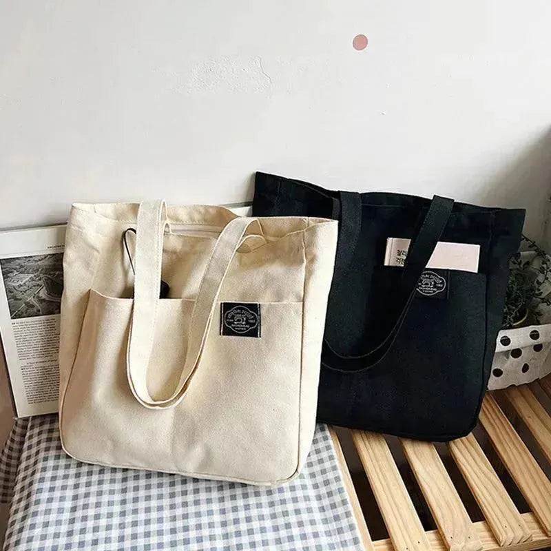 Preppy Style Canvas Handbags Women's Solid Color Simple Large Capacity Daily Shoulder Bag Multiple Pockets Shopping Bags Girls Students Tote Handbag. - Velora