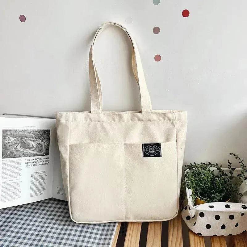Preppy Style Canvas Handbags Women's Solid Color Simple Large Capacity Daily Shoulder Bag Multiple Pockets Shopping Bags Girls Students Tote Handbag. - Velora