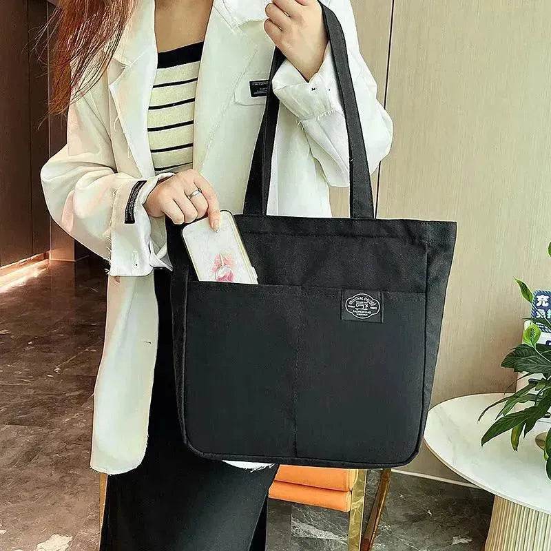 Preppy Style Canvas Handbags Women's Solid Color Simple Large Capacity Daily Shoulder Bag Multiple Pockets Shopping Bags Girls Students Tote Handbag. - Velora