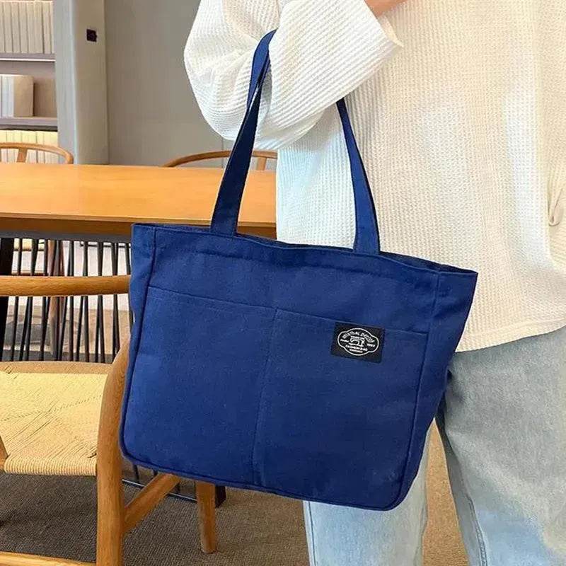 Preppy Style Canvas Handbags Women's Solid Color Simple Large Capacity Daily Shoulder Bag Multiple Pockets Shopping Bags Girls Students Tote Handbag. - Velora