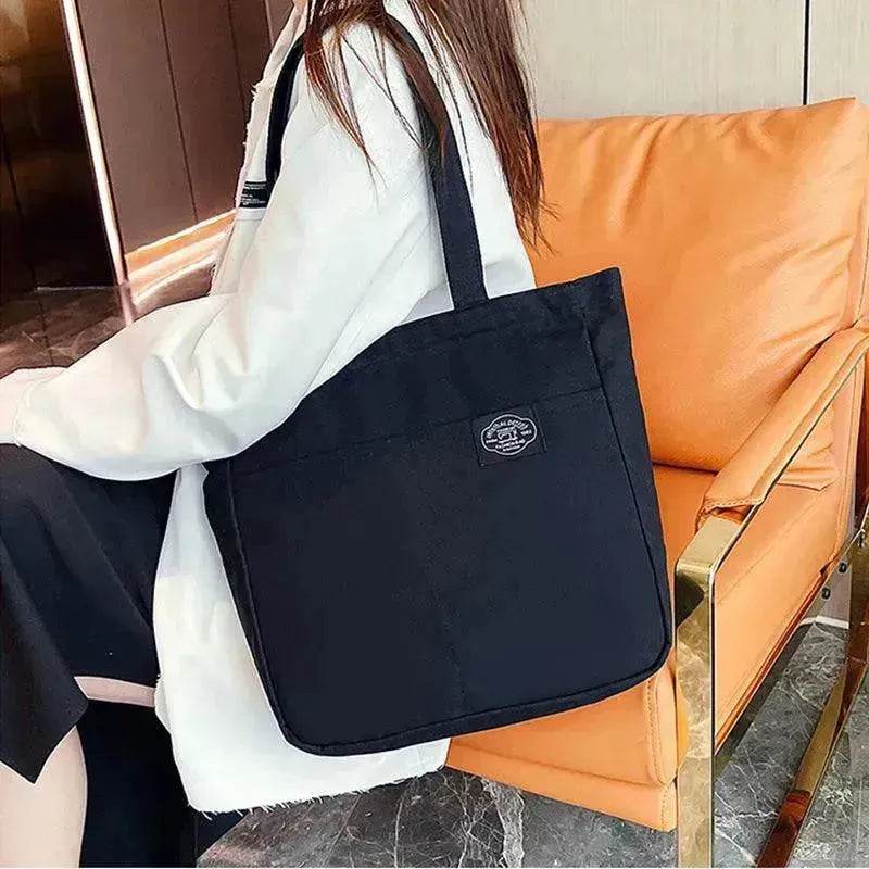 Preppy Style Canvas Handbags Women's Solid Color Simple Large Capacity Daily Shoulder Bag Multiple Pockets Shopping Bags Girls Students Tote Handbag. - Velora