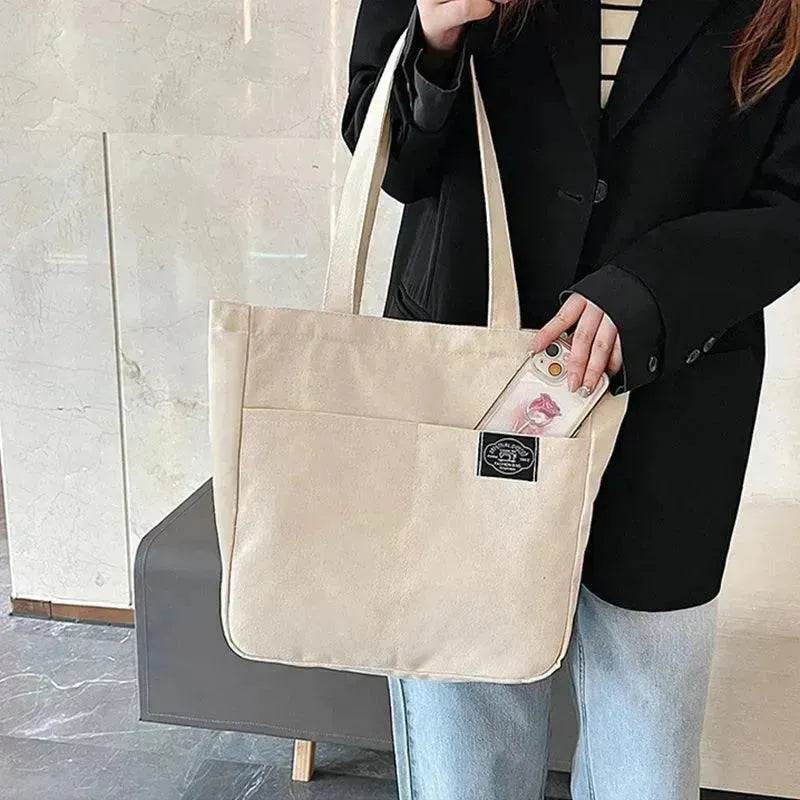 Preppy Style Canvas Handbags Women's Solid Color Simple Large Capacity Daily Shoulder Bag Multiple Pockets Shopping Bags Girls Students Tote Handbag. - Velora