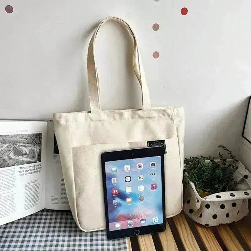 Preppy Style Canvas Handbags Women's Solid Color Simple Large Capacity Daily Shoulder Bag Multiple Pockets Shopping Bags Girls Students Tote Handbag. - Velora